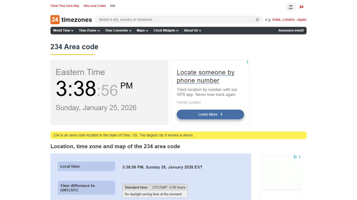 234 area code — information, time zone, map