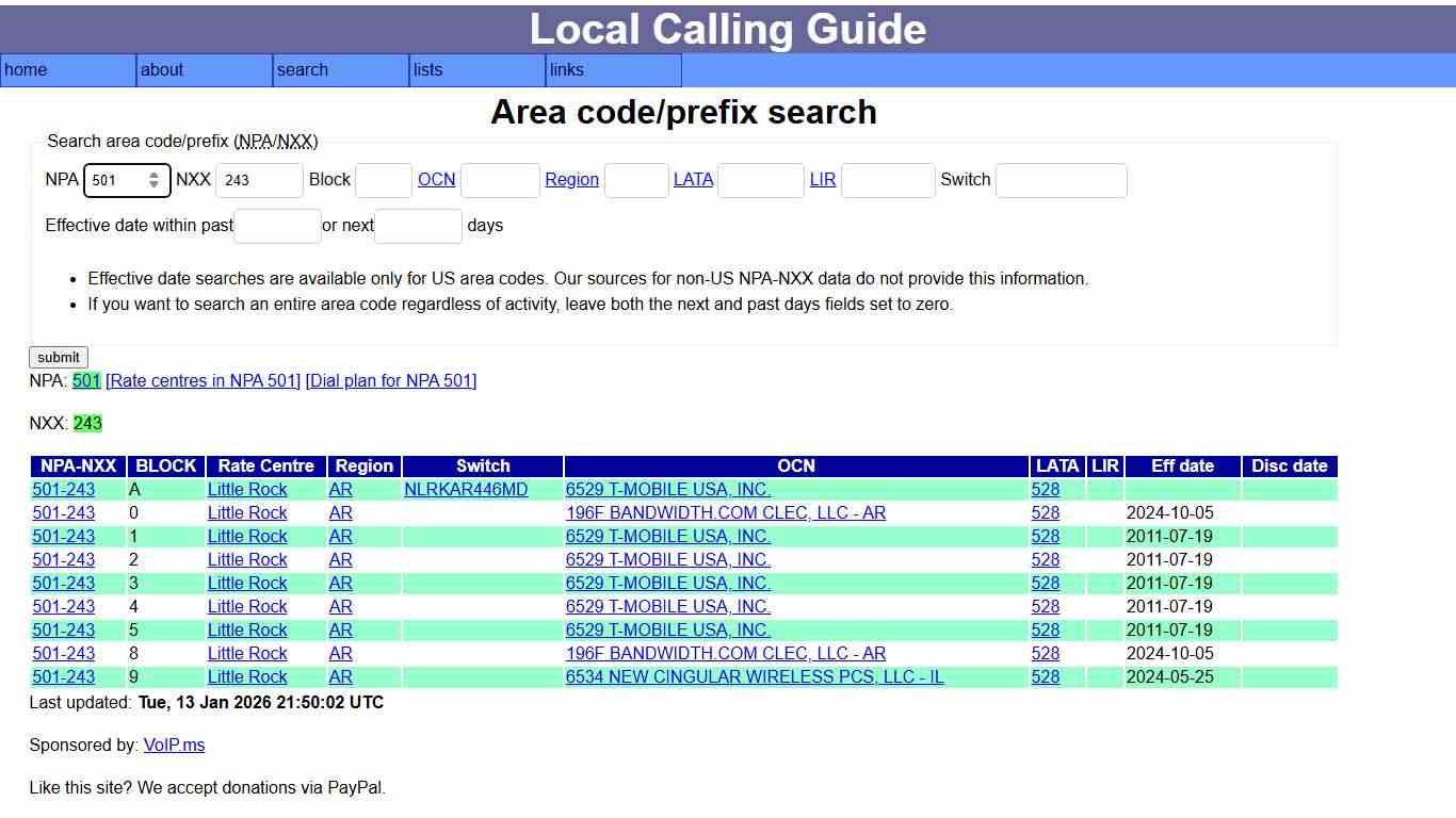 Local calling guide: NPA-NXX search
