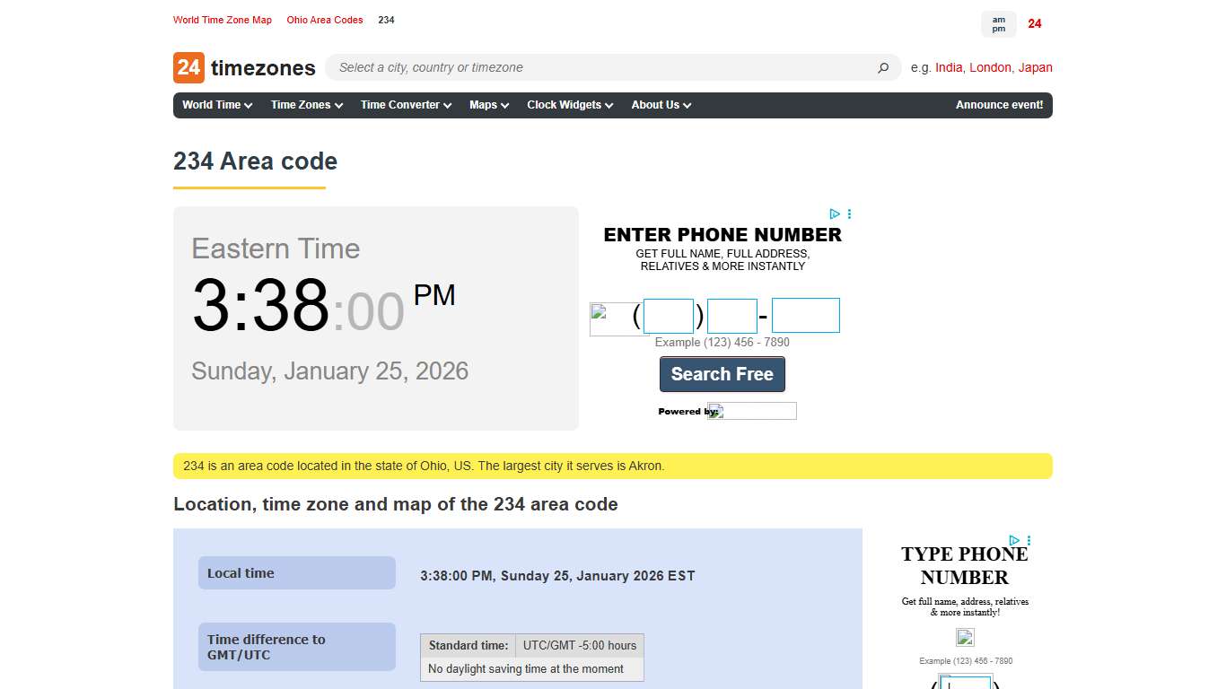 234 area code — information, time zone, map